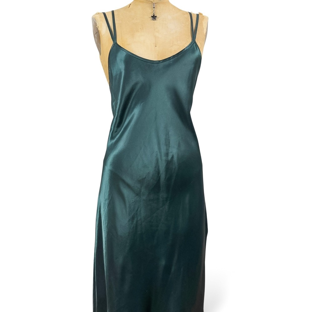 90's Emerald Maxi Slip Dress Strappy Low Back Glam Evening Matallic Size M - Picture 13 of 14